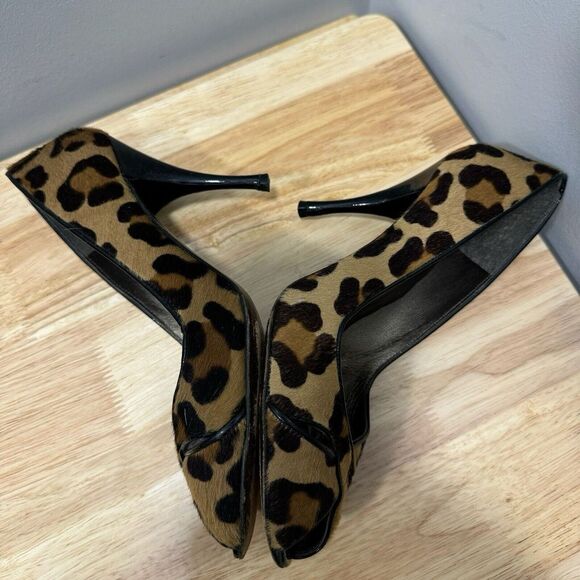 Stuart Weitzman Heels 7.5 Leopard Print Pony Hair Peep Toe Pump Shoe‎ Mob Wife